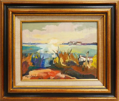 une peinture à l'huile représentant un paysage avec un bateau au loin