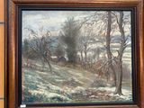 peinture à l'huile encadrée représentant une scène hivernale avec un cerf dans un paysage boisé