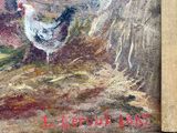 an oil painting of a rooster and a hen in a barn