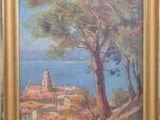 une peinture à l'huile représentant une vue d'une ville avec des arbres et de l'eau