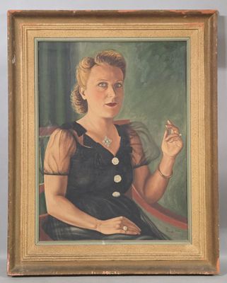 painting of a woman in a black dress smoking a cigarette
