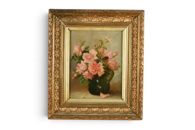 une photo d'un tableau représentant des fleurs roses dans un vase