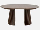 a round wooden table with plead legs and a wooden top