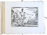 an old book with a drawing of a man standing in front of a building