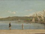 un tableau représentant un homme et une femme debout sur une jetée