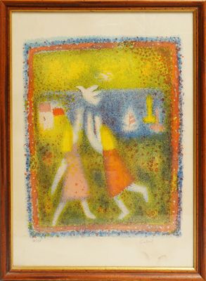 an image of a painting of two women walking in a field