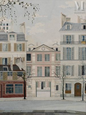 un tableau représentant une scène de rue avec des bâtiments et des arbres