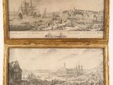 two framed prints of a view of a city and a harbor
