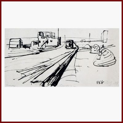 dessin représentant une voie ferrée avec des wagons et une personne assise sur un banc