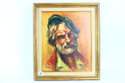 tableau représentant un vieil homme barbu coiffé d'un chapeau vert