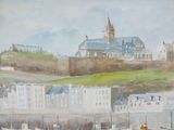 a painting of a view of a city with a clock tower