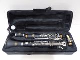 two clarinets in a black case on a white surface