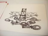 a drawing of a chair and a bunch of scissors on a table