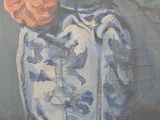 a painting of flowers in a blue vase on a table