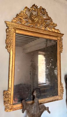 un miroir accroché au mur au-dessus d'un vase orné d'une tête de cerf