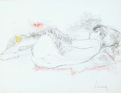 dessin représentant une femme allongée sur le ventre, une fleur à la main