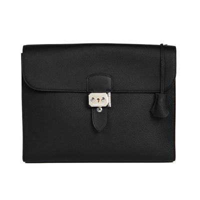 a black leather briefcase with a lock on the front