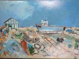 a painting of a boat on a beach with a house in the background