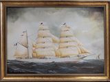 an oil painting of a tall ship in the ocean on a cloudy day
