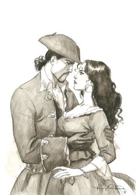 dessin représentant un homme et une femme en tenue militaire en train de s'embrasser