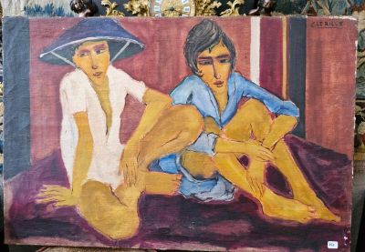 tableau représentant deux femmes assises sur un canapé, coiffées d'un chapeau