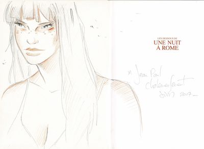 dessin représentant une femme aux cheveux longs, coiffée d'un voile