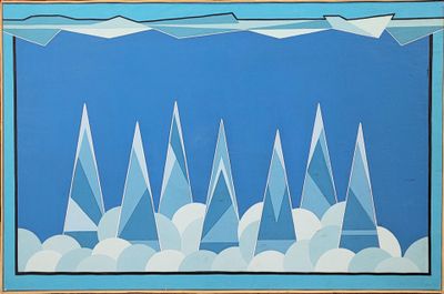 a picture of a painting of mountains and clouds