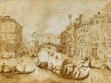 drawing of a canal with boats and people on it