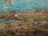 an oil painting of a landscape with sheep grazing in the grass