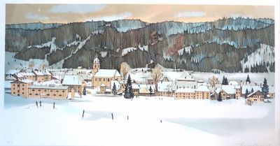 une photo d'un tableau représentant une ville sous la neige