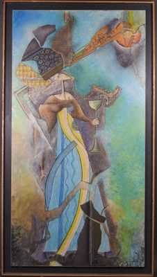 tableau représentant une femme armée d'une épée et d'un bouclier, devant un tableau représentant un homme tenant une épée