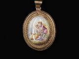 an oval gold - plated pendant with a painting of a woman and child
