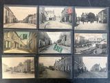 several old black and white photographs of a street with buildings