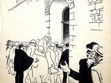an old drawing of a group of people standing in front of a building