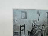 a drawing of a woman sitting at a table in a room