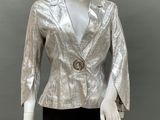 a mannequin wearing a silver jacket and black pants