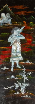 a painting of a person holding a umbrella in the sky