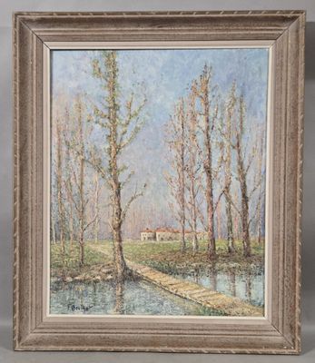 a painting of a river with trees and a house in the background