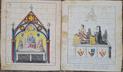 un vieux livre sur lequel figure le dessin d'un prêtre et d'un prêtre assis à une table