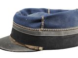a blue hat with a black band on it