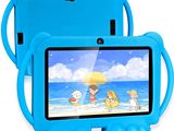 a blue tablet with a picture of a cat on the screen