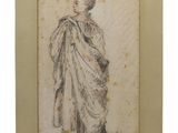 an old drawing of a woman in a white dress