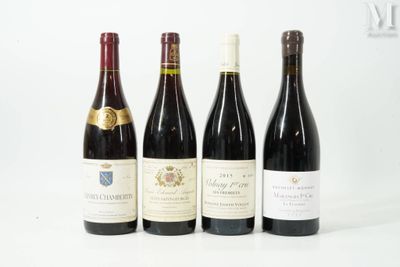 quatre bouteilles de vin sont alignées sur une surface blanche