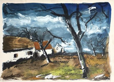 un tableau représentant une maison et un arbre dans un champ