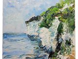 a painting of a painting of a cliff on a beach