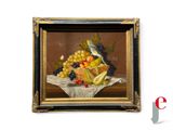 a picture of a painting of a bird on a basket of fruit