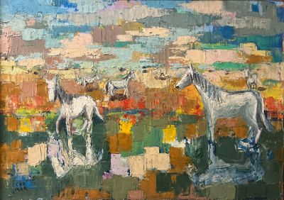 a painting of two horses in a field of grass