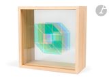 an image of a picture of a green and blue cube in a wooden frame
