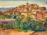 an oil painting of a village on a hill with trees in the foreground