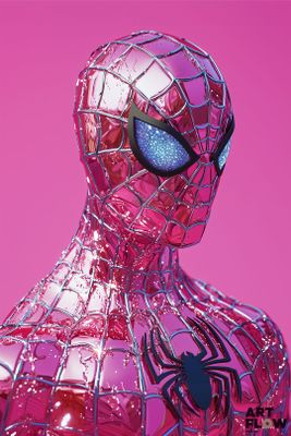 un gros plan d'une statue de Spider-Man sur fond rose